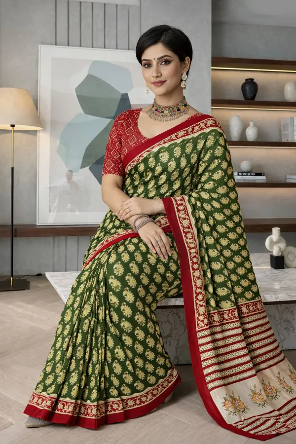 Leelavati_Printed_Floral_Print_Geometric_Print_Blocked_Printed_Daily_Wear_Pure_Cotton_Saree_Green