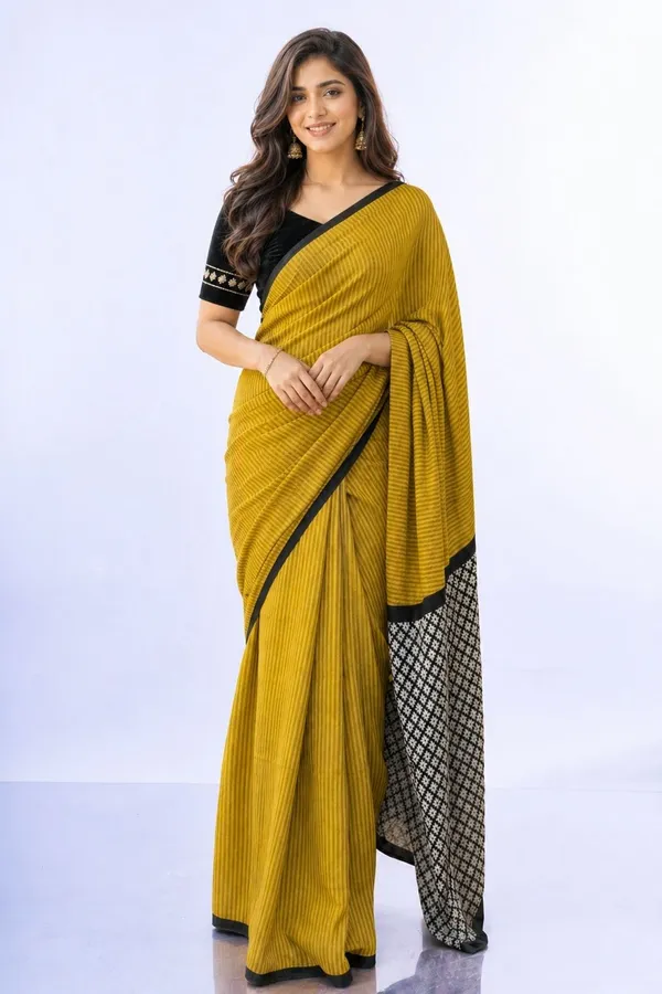 Leelavati_Printed_Floral_Print_Geometric_Print_Blocked_Printed_Daily_Wear_Pure_Cotton_Saree_Mustard