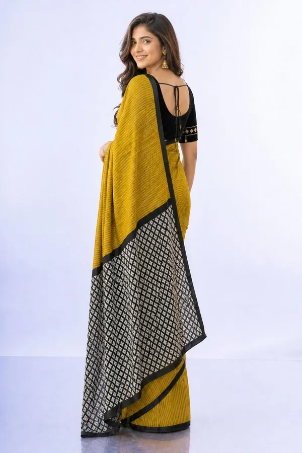 Leelavati_Printed_Floral_Print_Geometric_Print_Blocked_Printed_Daily_Wear_Pure_Cotton_Saree_Mustard