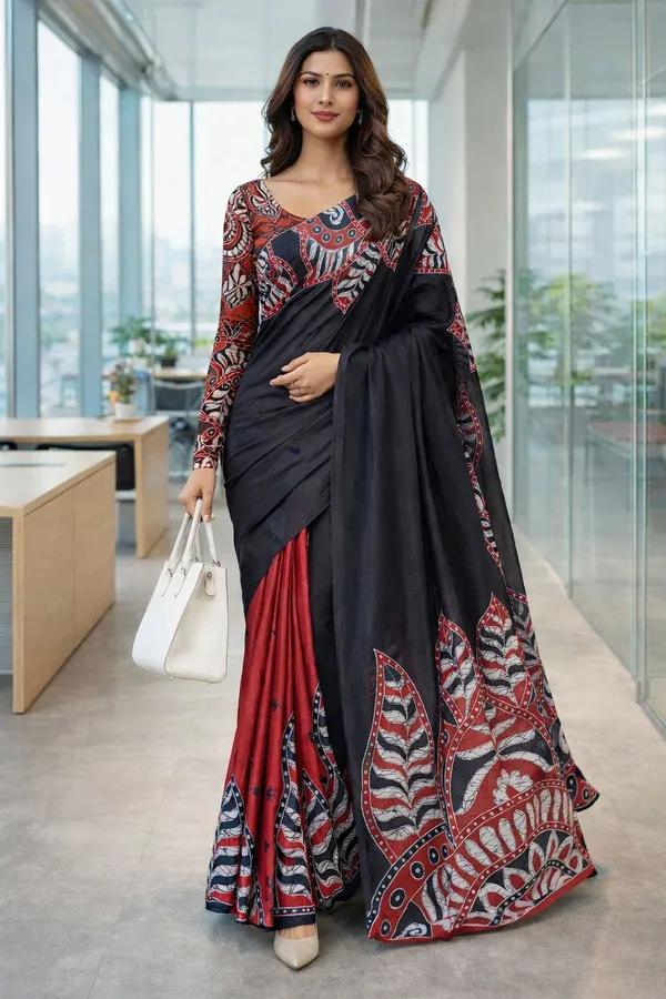 Leelavati_Printed_Floral_Print_Geometric_Print_Blocked_Printed_Daily_Wear_Pure_Cotton_Saree_Black_And_Red