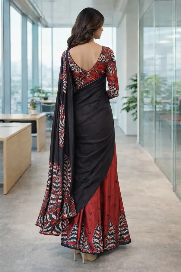 Leelavati_Printed_Floral_Print_Geometric_Print_Blocked_Printed_Daily_Wear_Pure_Cotton_Saree_Black_And_Red