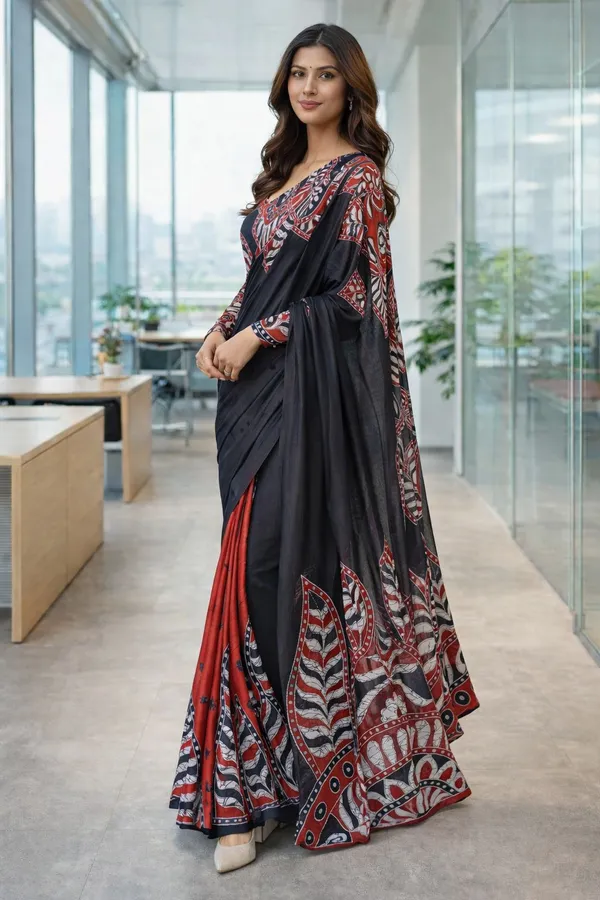 Leelavati_Printed_Floral_Print_Geometric_Print_Blocked_Printed_Daily_Wear_Pure_Cotton_Saree_Black_And_Red