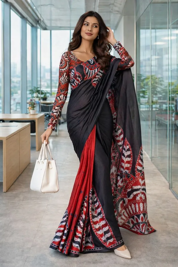 Leelavati_Printed_Floral_Print_Geometric_Print_Blocked_Printed_Daily_Wear_Pure_Cotton_Saree_Black_And_Red