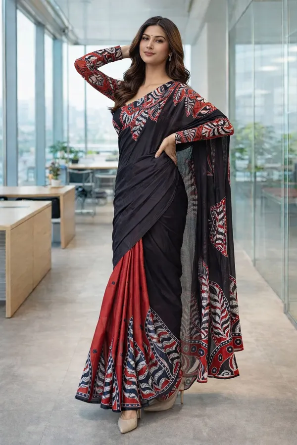 Leelavati_Printed_Floral_Print_Geometric_Print_Blocked_Printed_Daily_Wear_Pure_Cotton_Saree_Black_And_Red