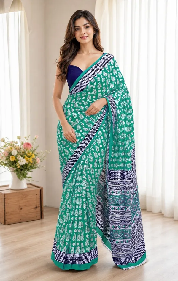 Leelavati_Printed_Floral_Print_Geometric_Print_Blocked_Printed_Woven_Daily_Wear_Pure_Cotton_Saree_Green