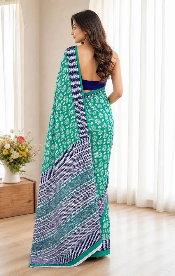 Leelavati_Printed_Floral_Print_Geometric_Print_Blocked_Printed_Woven_Daily_Wear_Pure_Cotton_Saree_Green