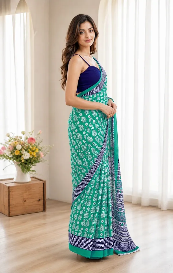 Leelavati_Printed_Floral_Print_Geometric_Print_Blocked_Printed_Woven_Daily_Wear_Pure_Cotton_Saree_Green