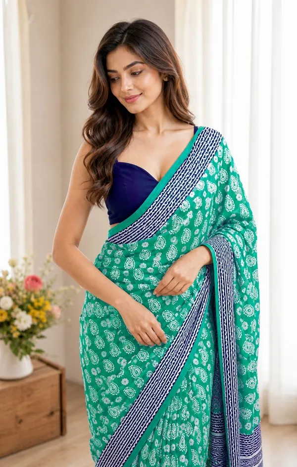 Leelavati_Printed_Floral_Print_Geometric_Print_Blocked_Printed_Woven_Daily_Wear_Pure_Cotton_Saree_Green