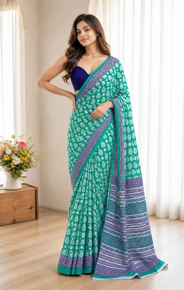 Leelavati_Printed_Floral_Print_Geometric_Print_Blocked_Printed_Woven_Daily_Wear_Pure_Cotton_Saree_Green