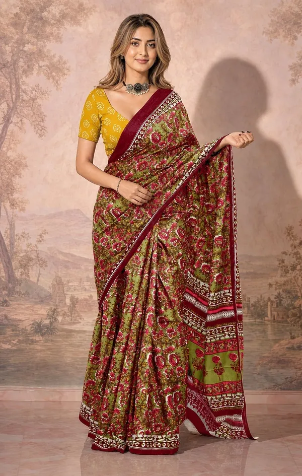 Leelavati_Printed_Floral_Print_Geometric_Print_Blocked_Printed_Woven_Daily_Wear_Pure_Cotton_Saree_Red