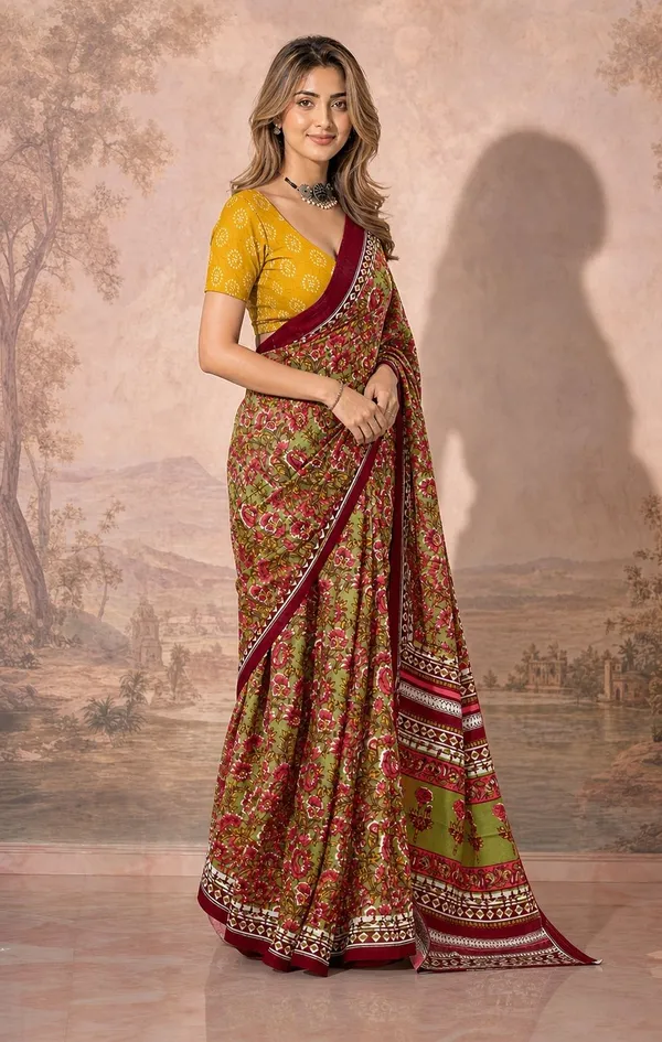Leelavati_Printed_Floral_Print_Geometric_Print_Blocked_Printed_Woven_Daily_Wear_Pure_Cotton_Saree_Red