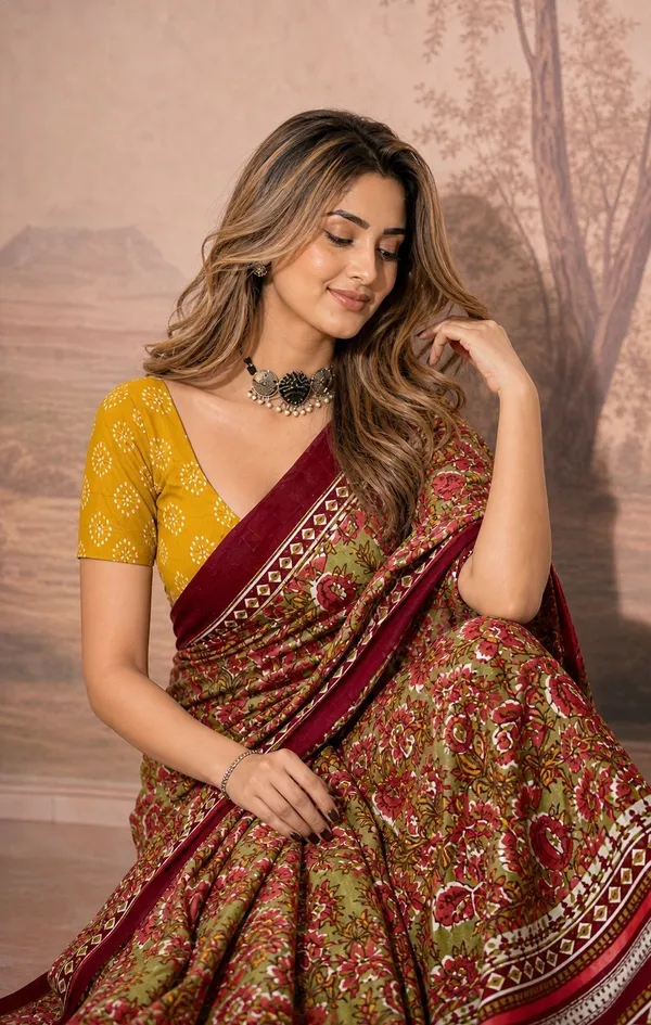 Leelavati_Printed_Floral_Print_Geometric_Print_Blocked_Printed_Woven_Daily_Wear_Pure_Cotton_Saree_Red
