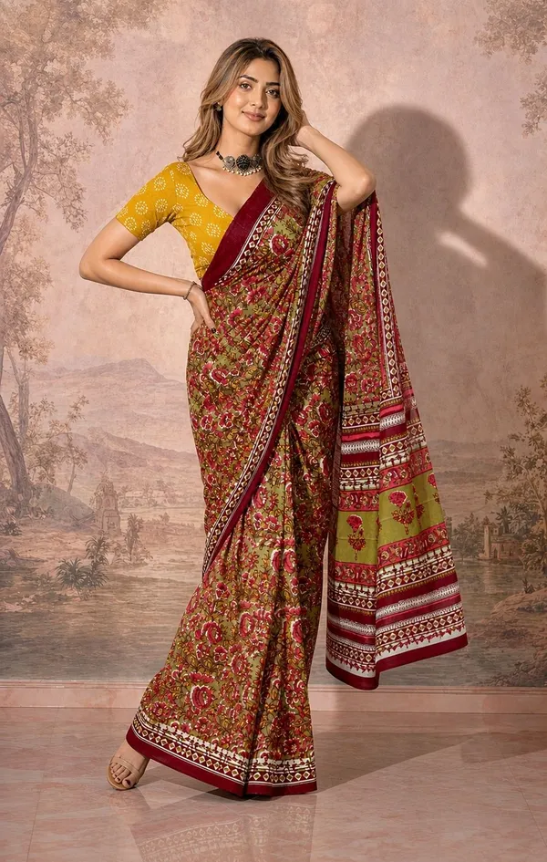 Leelavati_Printed_Floral_Print_Geometric_Print_Blocked_Printed_Woven_Daily_Wear_Pure_Cotton_Saree_Red