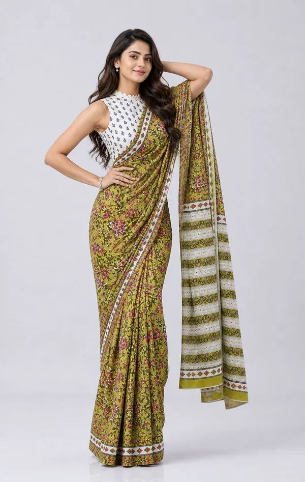 Leelavati_Printed_Floral_Print_Geometric_Print_Blocked_Printed_Woven_Daily_Wear_Pure_Cotton_Saree_Light_Green