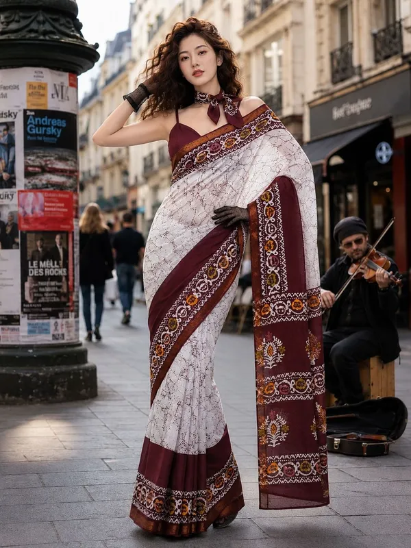 Leelavati_Printed_Floral_Print_Geometric_Print_Blocked_Printed_Woven_Daily_Wear_Pure_Cotton_Saree_White_And_Maroon