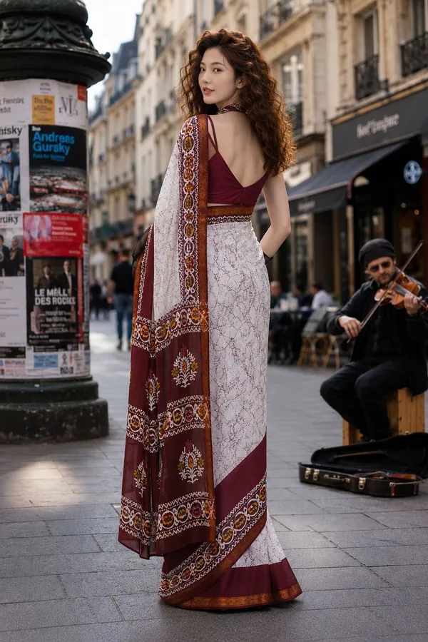 Leelavati_Printed_Floral_Print_Geometric_Print_Blocked_Printed_Woven_Daily_Wear_Pure_Cotton_Saree_White_And_Maroon