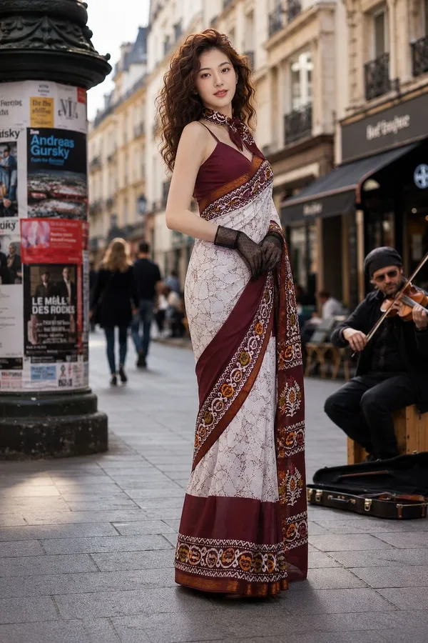 Leelavati_Printed_Floral_Print_Geometric_Print_Blocked_Printed_Woven_Daily_Wear_Pure_Cotton_Saree_White_And_Maroon