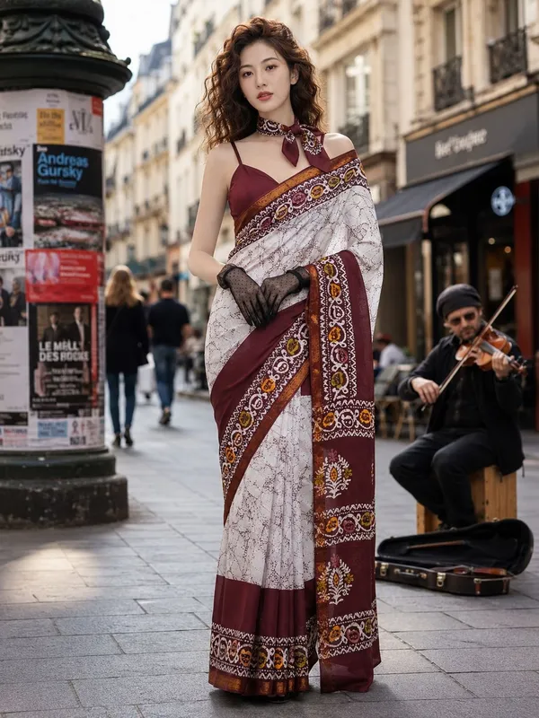 Leelavati_Printed_Floral_Print_Geometric_Print_Blocked_Printed_Woven_Daily_Wear_Pure_Cotton_Saree_White_And_Maroon