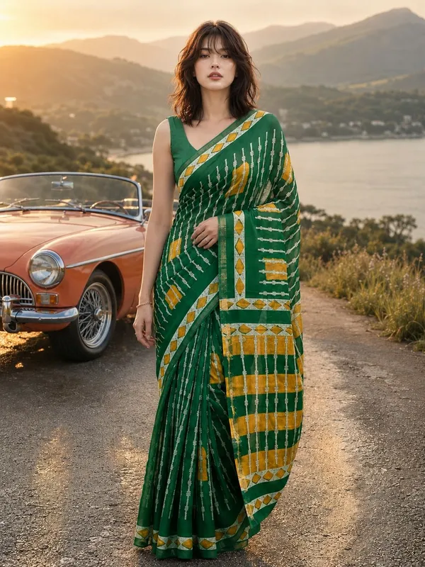 Leelavati_Printed_Floral_Print_Geometric_Print_Blocked_Printed_Woven_Daily_Wear_Pure_Cotton_Saree_Green