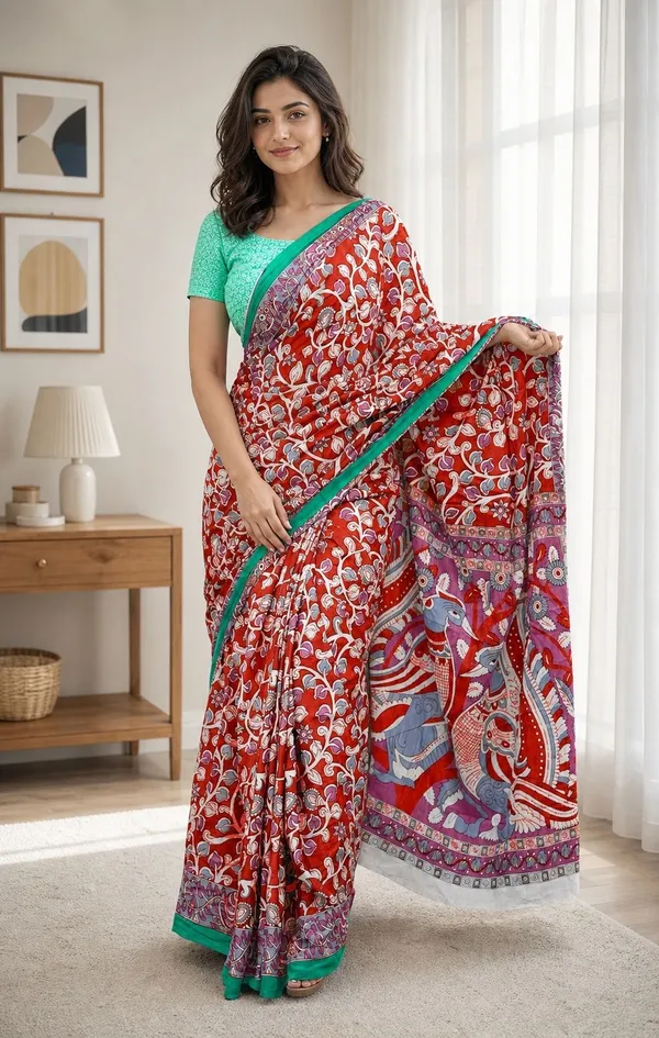 Leelavati_Printed_Floral_Print_Geometric_Print_Blocked_Printed_Woven_Daily_Wear_Pure_Cotton_Saree_Red