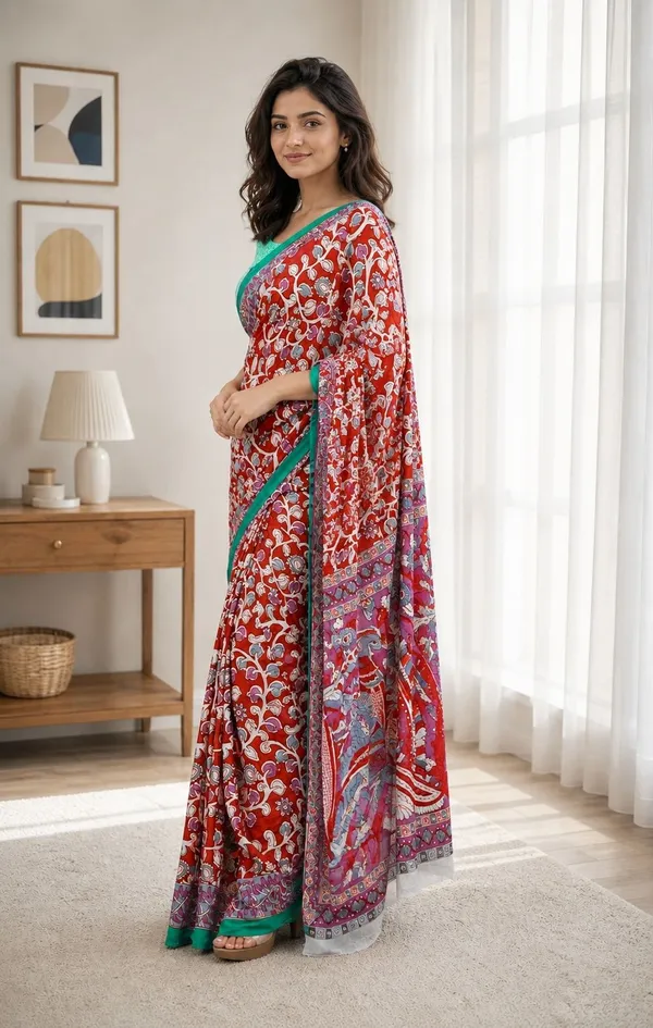 Leelavati_Printed_Floral_Print_Geometric_Print_Blocked_Printed_Woven_Daily_Wear_Pure_Cotton_Saree_Red