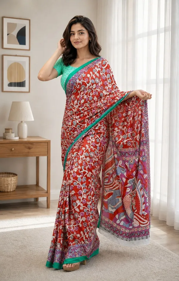 Leelavati_Printed_Floral_Print_Geometric_Print_Blocked_Printed_Woven_Daily_Wear_Pure_Cotton_Saree_Red