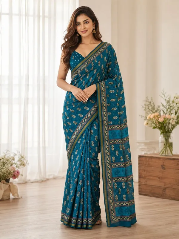 Leelavati_Printed_Floral_Print_Geometric_Print_Blocked_Printed_Woven_Daily_Wear_Pure_Cotton_Saree_Blue