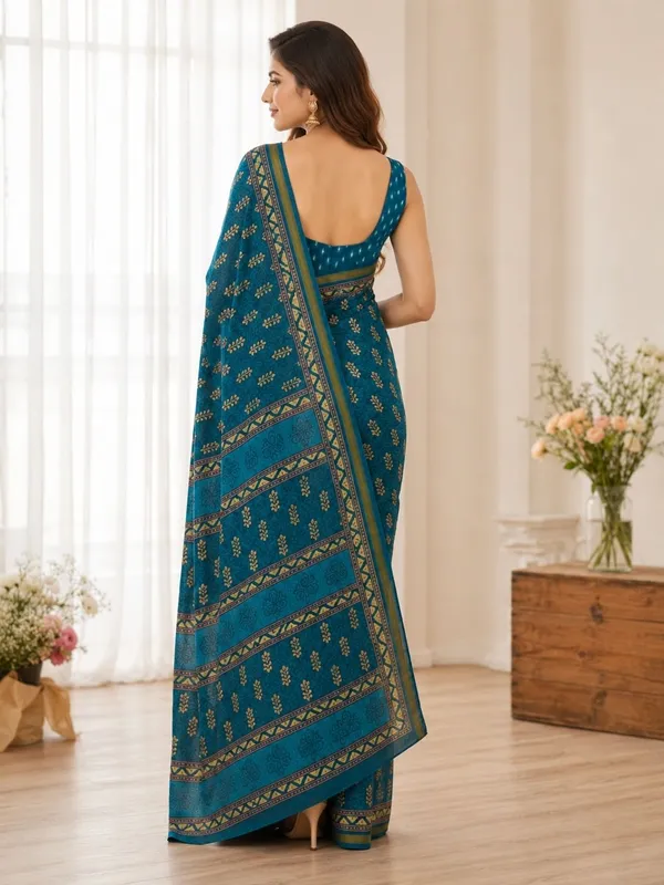 Leelavati_Printed_Floral_Print_Geometric_Print_Blocked_Printed_Woven_Daily_Wear_Pure_Cotton_Saree_Blue