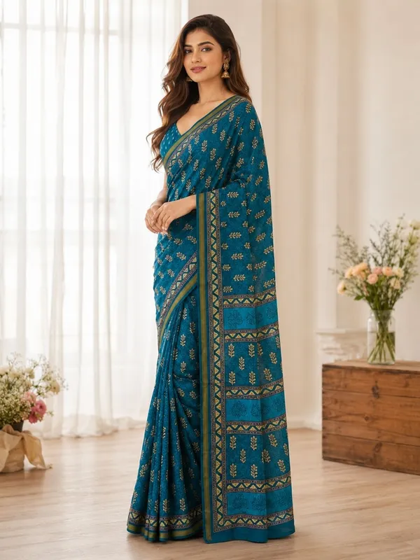 Leelavati_Printed_Floral_Print_Geometric_Print_Blocked_Printed_Woven_Daily_Wear_Pure_Cotton_Saree_Blue