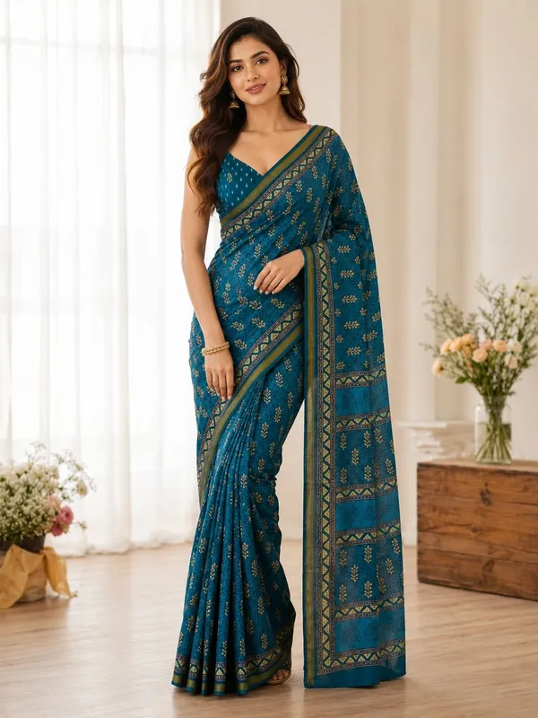 Leelavati_Printed_Floral_Print_Geometric_Print_Blocked_Printed_Woven_Daily_Wear_Pure_Cotton_Saree_Blue
