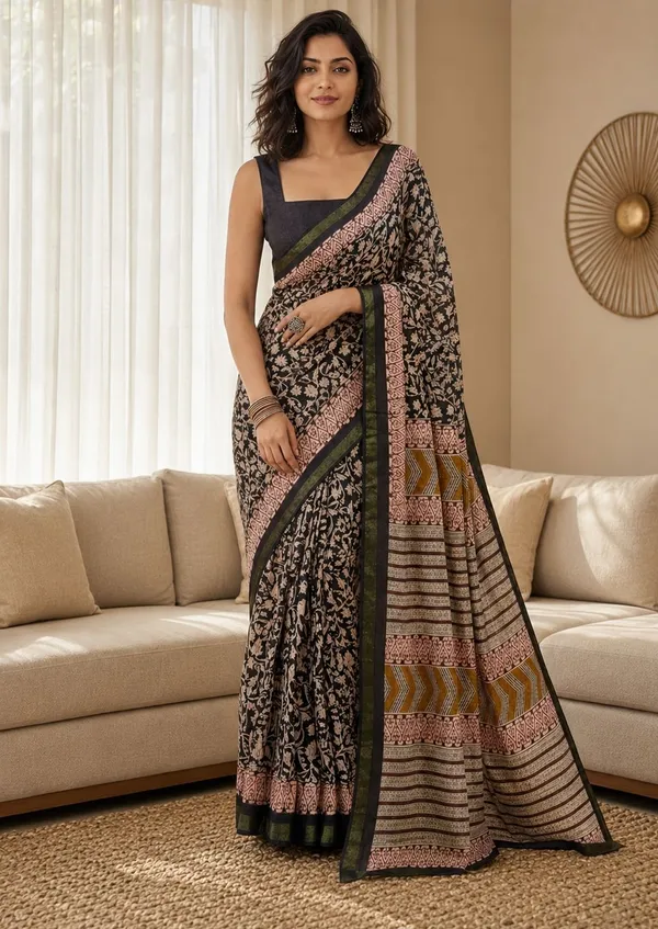 Leelavati_Printed_Floral_Print_Geometric_Print_Blocked_Printed_Woven_Daily_Wear_Pure_Cotton_Saree_Black