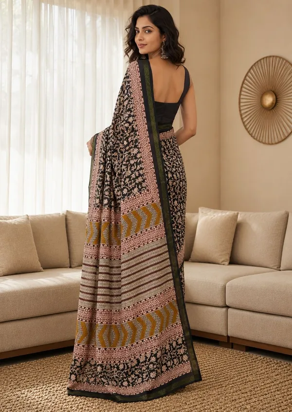 Leelavati_Printed_Floral_Print_Geometric_Print_Blocked_Printed_Woven_Daily_Wear_Pure_Cotton_Saree_Black