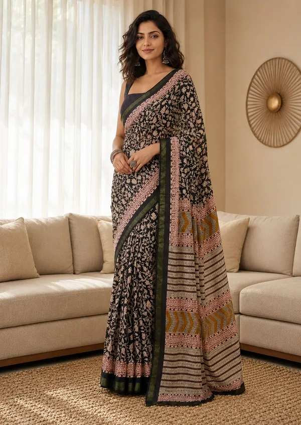 Leelavati_Printed_Floral_Print_Geometric_Print_Blocked_Printed_Woven_Daily_Wear_Pure_Cotton_Saree_Black