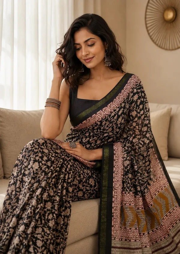 Leelavati_Printed_Floral_Print_Geometric_Print_Blocked_Printed_Woven_Daily_Wear_Pure_Cotton_Saree_Black