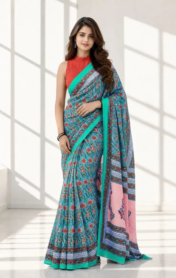 Leelavati_Printed_Floral_Print_Geometric_Print_Blocked_Printed_Woven_Daily_Wear_Pure_Cotton_Saree_Light_Blue