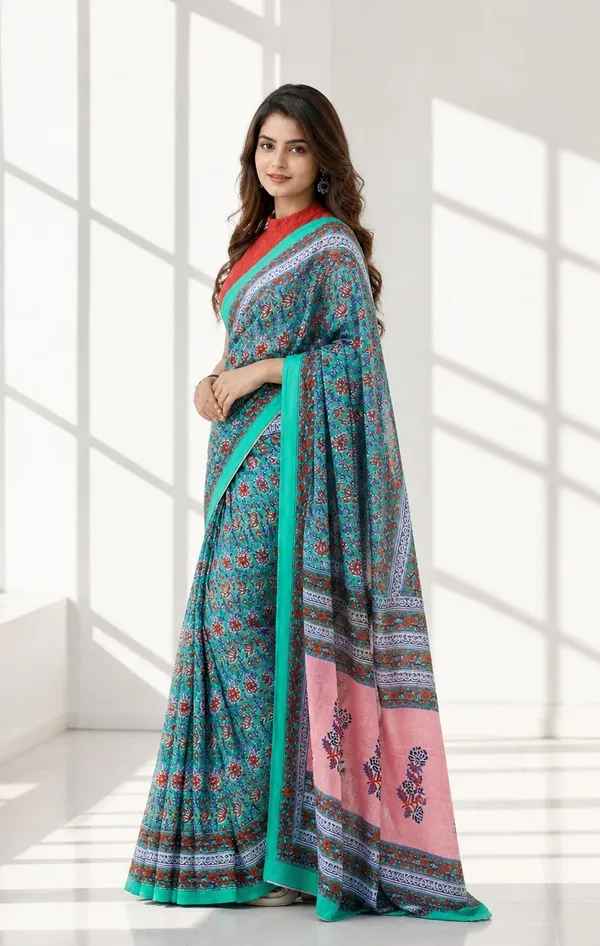Leelavati_Printed_Floral_Print_Geometric_Print_Blocked_Printed_Woven_Daily_Wear_Pure_Cotton_Saree_Light_Blue