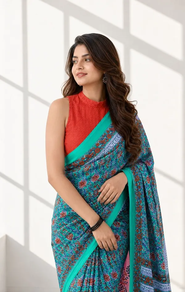 Leelavati_Printed_Floral_Print_Geometric_Print_Blocked_Printed_Woven_Daily_Wear_Pure_Cotton_Saree_Light_Blue