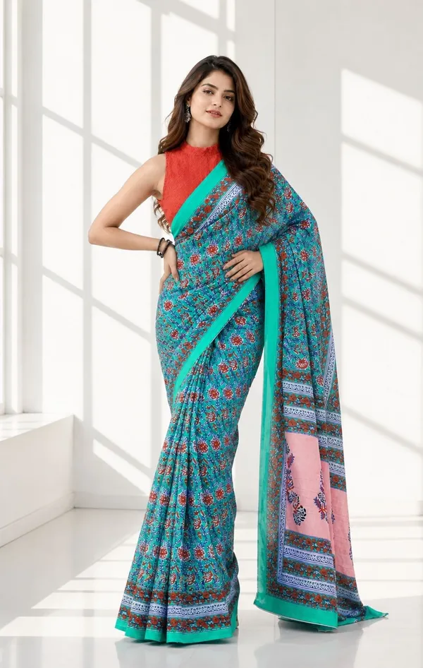 Leelavati_Printed_Floral_Print_Geometric_Print_Blocked_Printed_Woven_Daily_Wear_Pure_Cotton_Saree_Light_Blue