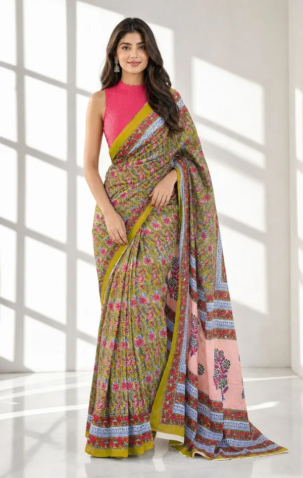Leelavati_Printed_Floral_Print_Geometric_Print_Blocked_Printed_Woven_Daily_Wear_Pure_Cotton_Saree_Green