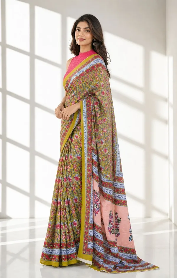 Leelavati_Printed_Floral_Print_Geometric_Print_Blocked_Printed_Woven_Daily_Wear_Pure_Cotton_Saree_Green