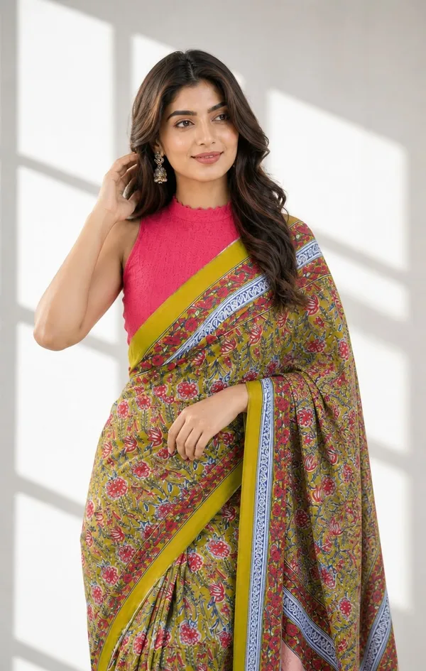 Leelavati_Printed_Floral_Print_Geometric_Print_Blocked_Printed_Woven_Daily_Wear_Pure_Cotton_Saree_Green