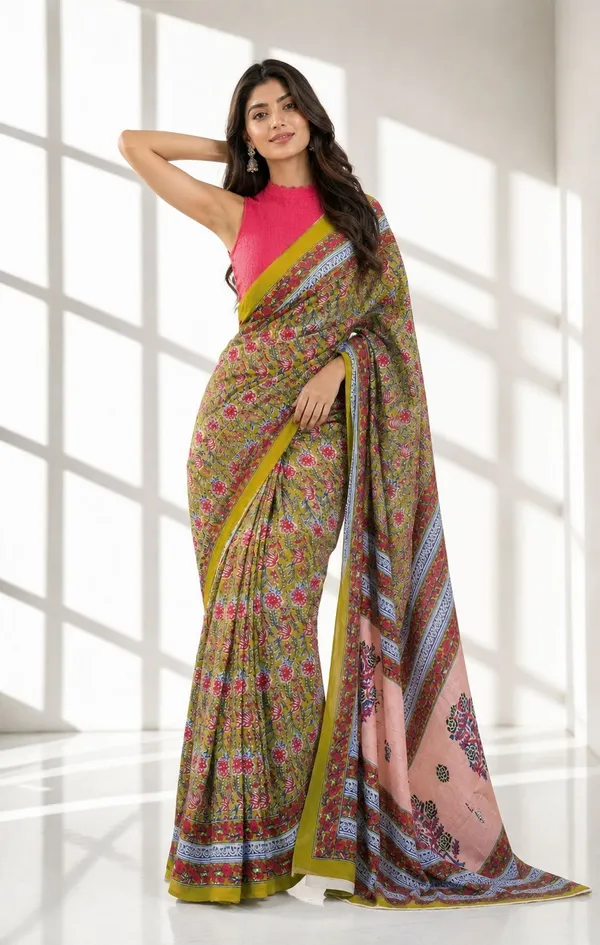 Leelavati_Printed_Floral_Print_Geometric_Print_Blocked_Printed_Woven_Daily_Wear_Pure_Cotton_Saree_Green