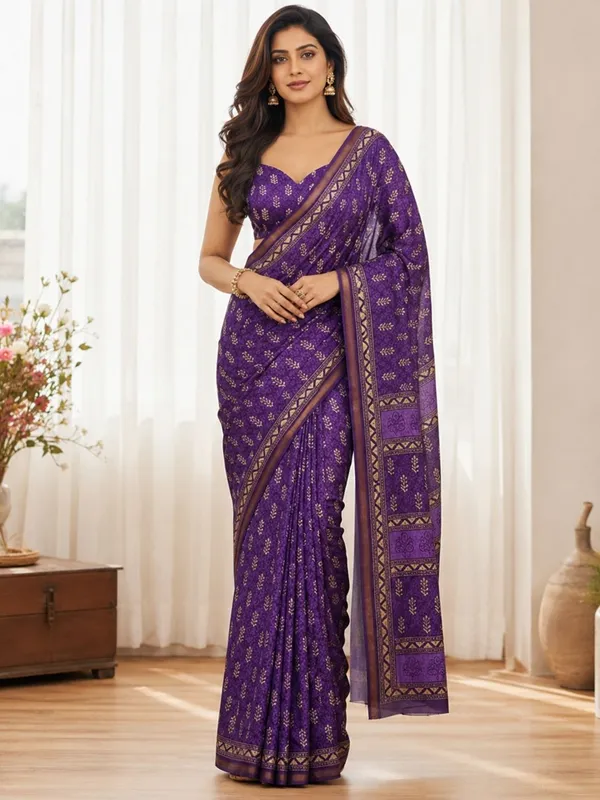 Leelavati_Printed_Floral_Print_Geometric_Print_Blocked_Printed_Woven_Daily_Wear_Pure_Cotton_Saree_Purple