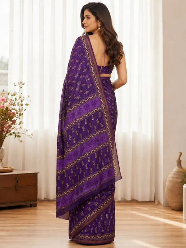 Leelavati_Printed_Floral_Print_Geometric_Print_Blocked_Printed_Woven_Daily_Wear_Pure_Cotton_Saree_Purple
