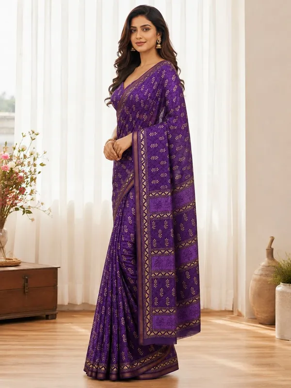 Leelavati_Printed_Floral_Print_Geometric_Print_Blocked_Printed_Woven_Daily_Wear_Pure_Cotton_Saree_Purple