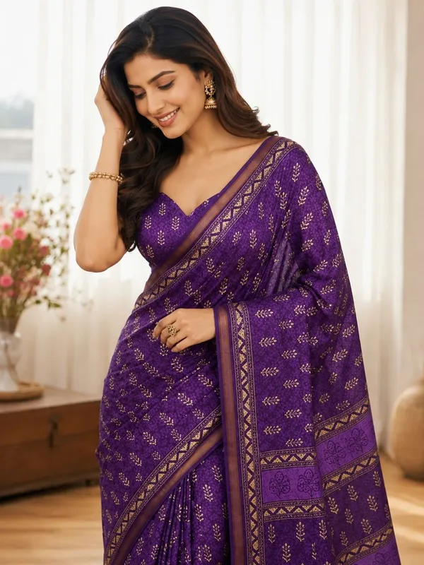 Leelavati_Printed_Floral_Print_Geometric_Print_Blocked_Printed_Woven_Daily_Wear_Pure_Cotton_Saree_Purple