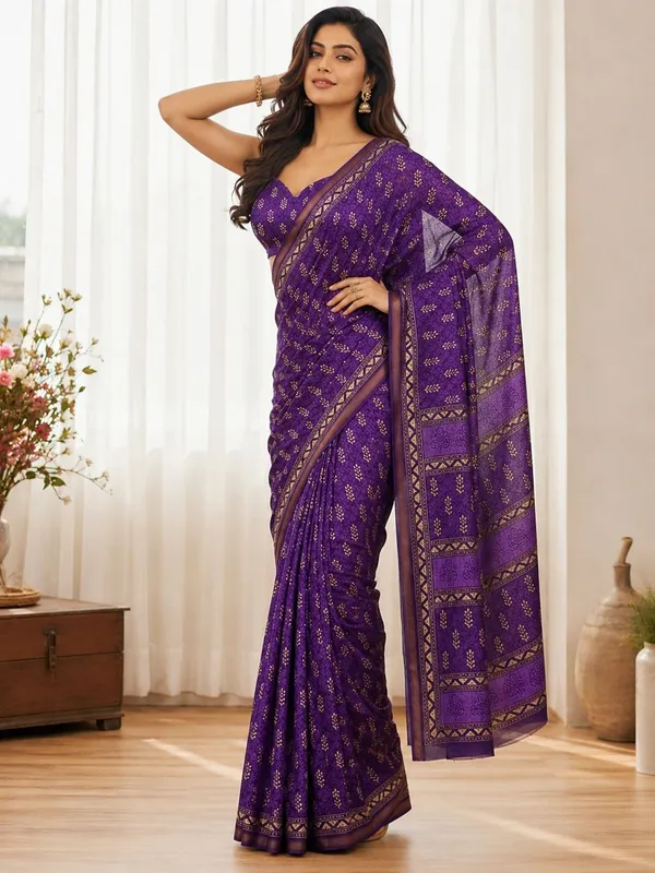 Leelavati_Printed_Floral_Print_Geometric_Print_Blocked_Printed_Woven_Daily_Wear_Pure_Cotton_Saree_Purple