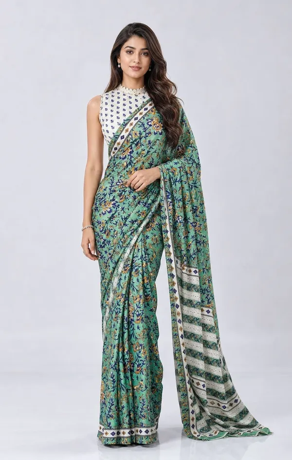 Leelavati_Printed_Floral_Print_Geometric_Print_Blocked_Printed_Woven_Daily_Wear_Pure_Cotton_Saree_Green