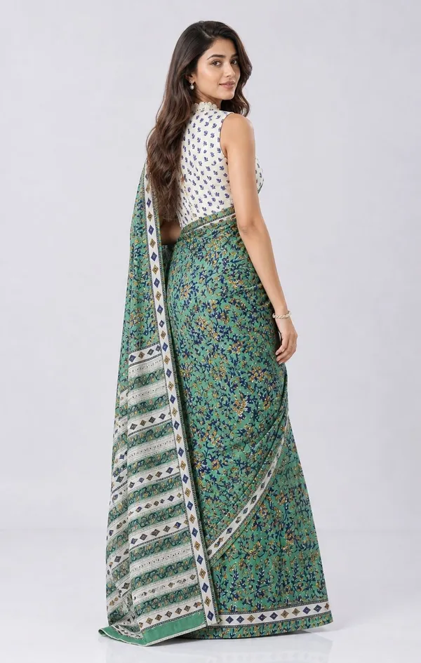 Leelavati_Printed_Floral_Print_Geometric_Print_Blocked_Printed_Woven_Daily_Wear_Pure_Cotton_Saree_Green