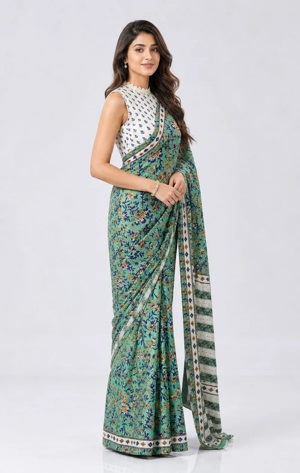 Leelavati_Printed_Floral_Print_Geometric_Print_Blocked_Printed_Woven_Daily_Wear_Pure_Cotton_Saree_Green
